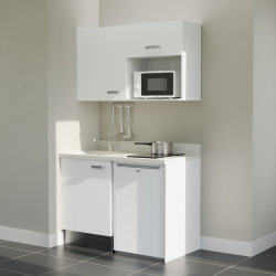 Kitchenette 120 cm K07L équipée avec électroménager blanc inclus - façades blanches, plan travail blanc évier à gauche
