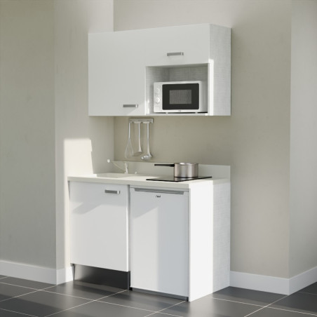 Kitchenette 120 cm K07L équipée avec électroménager blanc inclus - façades blanches, plan travail blanc évier à gauche