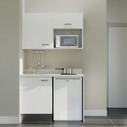 Kitchenette 120 cm K07L équipée avec électroménager blanc inclus - façades blanches, plan travail blanc évier à gauche