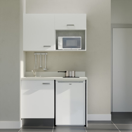 Kitchenette 120 cm K07L équipée avec électroménager blanc inclus - façades blanches, plan travail blanc évier à gauche