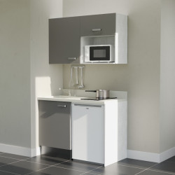 Kitchenette 120 cm K07L équipée avec électroménager blanc inclus - façades grises, plan travail blanc évier à gauche