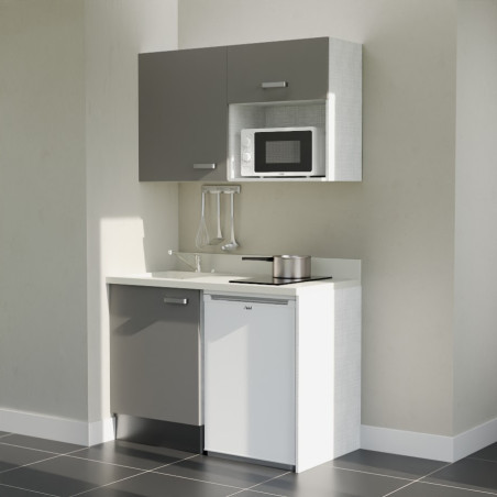 Kitchenette 120 cm K07L équipée avec électroménager blanc inclus - façades grises, plan travail blanc évier à gauche