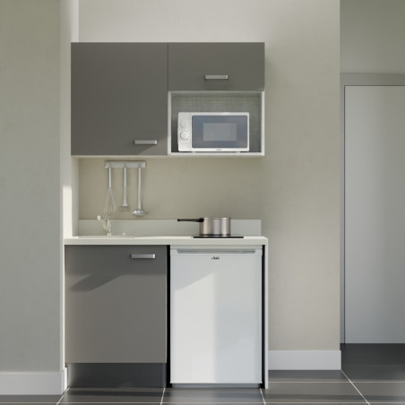 Kitchenette 120 cm K07L équipée avec électroménager blanc inclus - façades grises, plan travail blanc évier à gauche