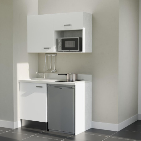 Kitchenette 120 cm K07L équipée avec électroménager inox inclus - façades blanches, plan travail blanc évier à gauche