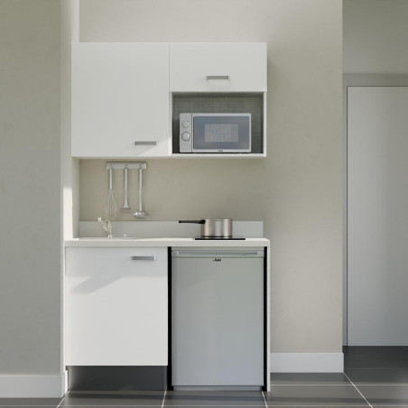 Kitchenette 120 cm K07L équipée avec électroménager inox inclus - façades blanches, plan travail blanc évier à gauche