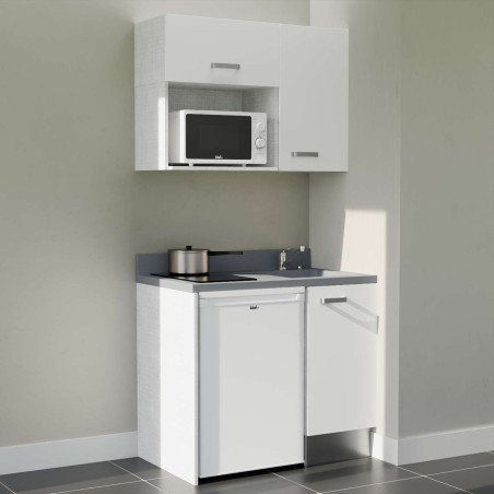 Kitchenette 100 cm K00L équipée avec électroménager blanc inclus - façades blanches, plan travail gris évier à droite