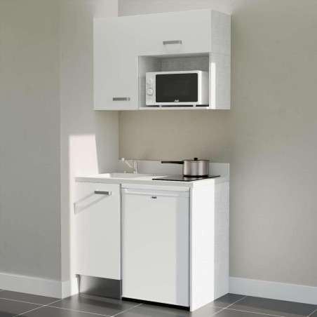 Kitchenette 100 cm K00L équipée avec électroménager blanc inclus - façades blanches, plan travail blanc évier à gauche