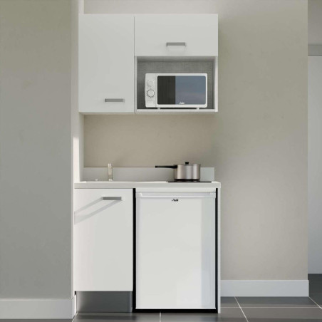 Kitchenette 100 cm K00L équipée avec électroménager blanc inclus - façades blanches, plan travail blanc évier à gauche