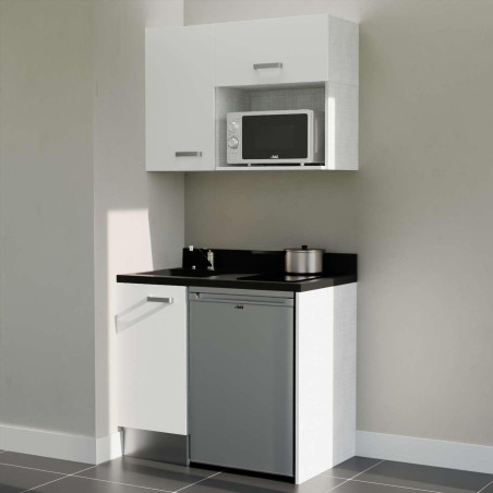 Kitchenette 100 cm K00L équipée avec électroménager inox inclus - façades blanches, plan travail noir évier à gauche