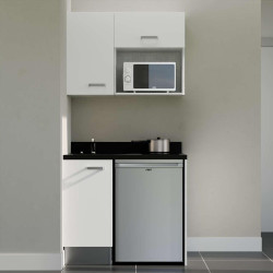 Kitchenette 100 cm K00L équipée avec électroménager inox inclus - façades blanches, plan travail noir évier à gauche