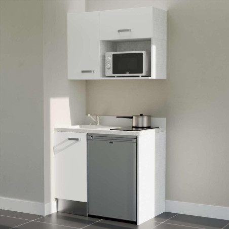 Kitchenette 100 cm K00L équipée avec électroménager inox inclus - façades blanches, plan travail blanc évier à gauche