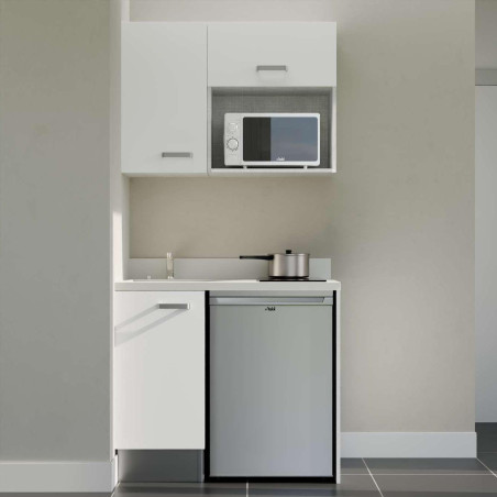 Kitchenette 100 cm K00L équipée avec électroménager inox inclus - façades blanches, plan travail blanc évier à gauche