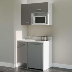 Kitchenette 100 cm K00L équipée avec électroménager inox inclus - façades grises, plan travail blanc évier à gauche