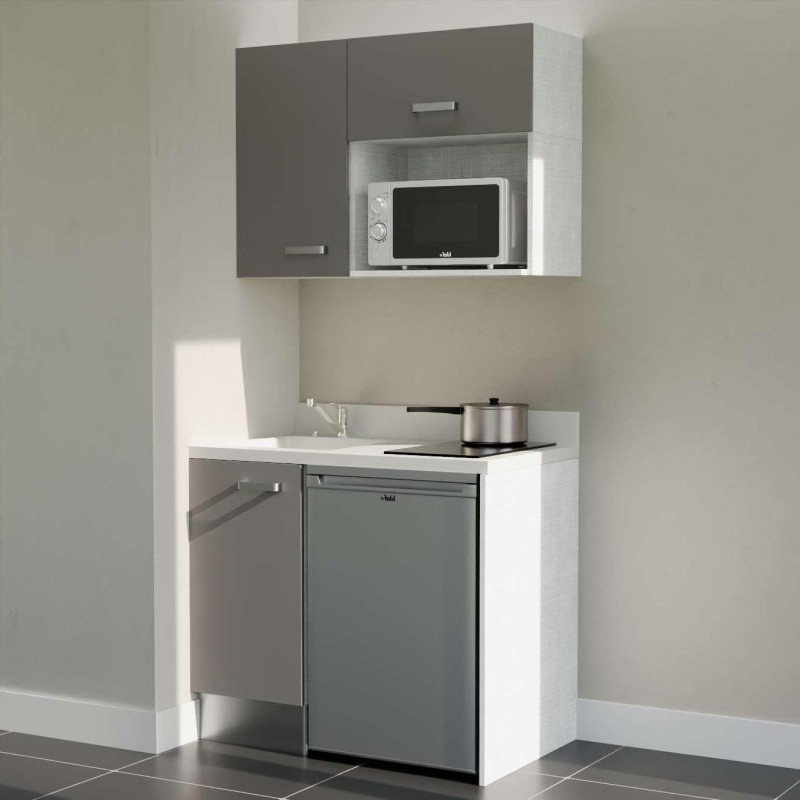 Kitchenette 100 cm K00L équipée avec électroménager inox inclus - façades grises, plan travail blanc évier à gauche Kitchenette 100 cm K00L équipée avec électroménager inox inclus - façades grises, plan travail blanc évier à gauche