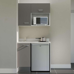 Kitchenette 100 cm K00L équipée avec électroménager inox inclus - façades grises, plan travail blanc évier à gauche