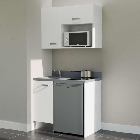 Kitchenette 100 cm K00L équipée avec électroménager inox inclus - façades blanches, plan travail gris évier à gauche