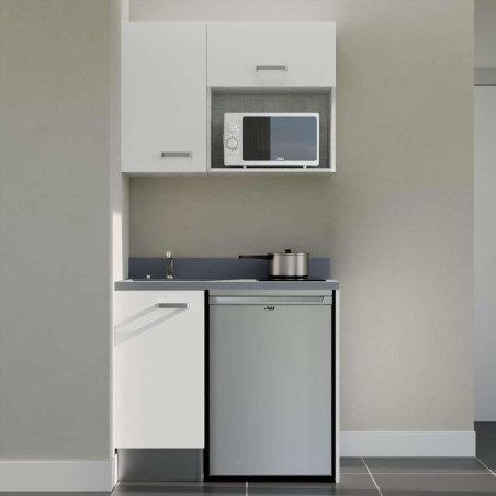 Kitchenette 100 cm K00L équipée avec électroménager inox inclus - façades blanches, plan travail gris évier à gauche