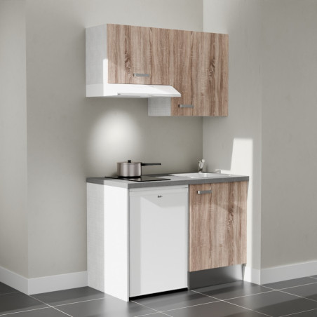 Kitchenette 120 cm K01L : façades bois, plan de travail gris, électroménager blanc inclus