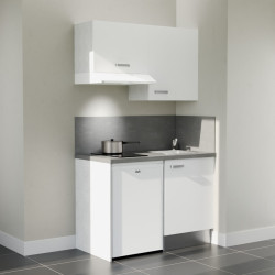 Kitchenette 120 cm K01L : façades blanc, plan de travail et crédences gris, électroménager blanc inclus