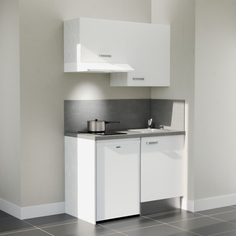 Kitchenette 120 cm K01L : façades blanc, plan de travail et crédences gris, électroménager blanc inclus Kitchenette 120 cm K01L : façades blanc, plan de travail et crédences gris, électroménager blanc inclus