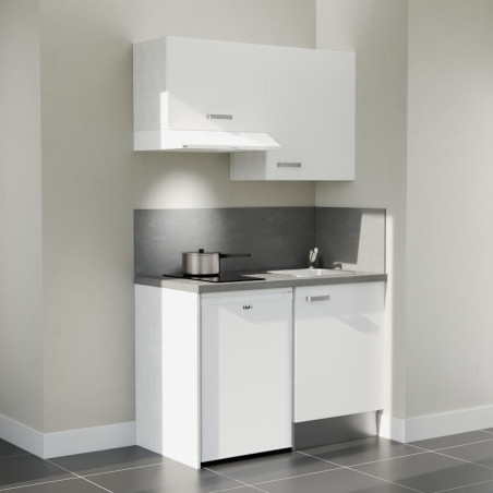 Kitchenette 120 cm K01L : façades blanc, plan de travail et crédences gris, électroménager blanc inclus