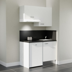 Kitchenette 120 cm K01L : façades blanc, plan de travail et crédences noir, électroménager blanc inclus