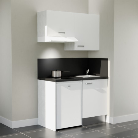 Kitchenette 120 cm K01L : façades blanc, plan de travail et crédences noir, électroménager blanc inclus