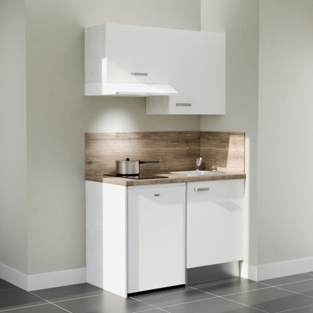 Kitchenette 120 cm K01L : façades blanc, plan de travail et crédences bois, électroménager blanc inclus