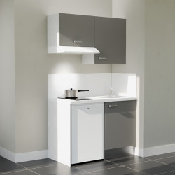 Kitchenette 120 cm K01L : façades gris, plan de travail et crédences blanc, électroménager blanc inclus