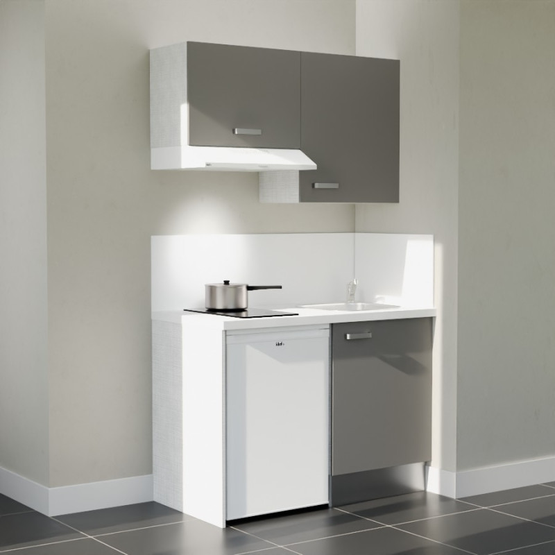 Kitchenette 120 cm K01L : façades gris, plan de travail et crédences blanc, électroménager blanc inclus Kitchenette 120 cm K01L : façades gris, plan de travail et crédences blanc, électroménager blanc inclus