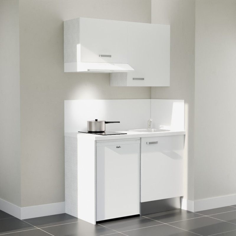 Kitchenette 120 cm K01L : façades blanc, plan de travail et crédences blanc, électroménager blanc inclus Kitchenette 120 cm K01L : façades blanc, plan de travail et crédences blanc, électroménager blanc inclus