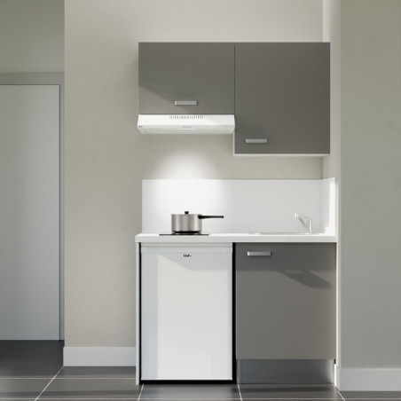 Kitchenette 120 cm K01L : façades gris, plan de travail et crédences blanc, électroménager blanc inclus