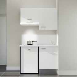 Kitchenette 120 cm K01L : façades blanc, plan de travail et crédences blanc, électroménager blanc inclus