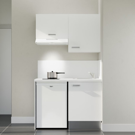 Kitchenette 120 cm K01L : façades blanc, plan de travail et crédences blanc, électroménager blanc inclus