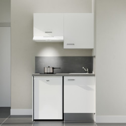Kitchenette 120 cm K01L : façades blanc, plan de travail et crédences gris, électroménager blanc inclus