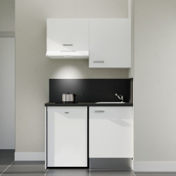 Kitchenette 120 cm K01L : façades blanc, plan de travail et crédences noir, électroménager blanc inclus