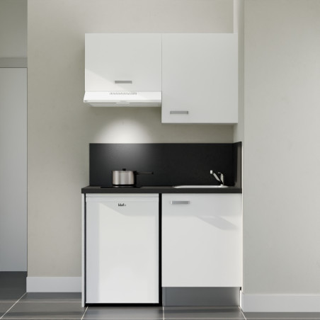 Kitchenette 120 cm K01L : façades blanc, plan de travail et crédences noir, électroménager blanc inclus
