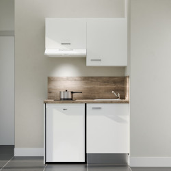 Kitchenette 120 cm K01L : façades blanc, plan de travail et crédences bois, électroménager blanc inclus