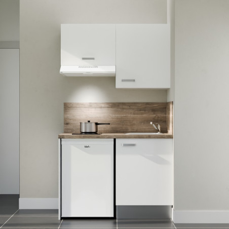 Kitchenette 120 cm K01L : façades blanc, plan de travail et crédences bois, électroménager blanc inclus