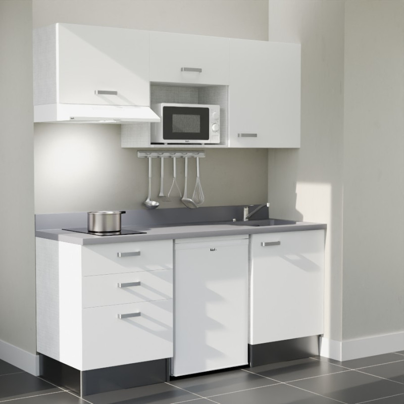 Kitchenette 180 cm K20L équipée avec électroménager blanc inclus - façades blanches, plan travail gris évier à droite Kitchenette 180 cm K20L équipée avec électroménager blanc inclus - façades blanches, plan travail gris évier à droite