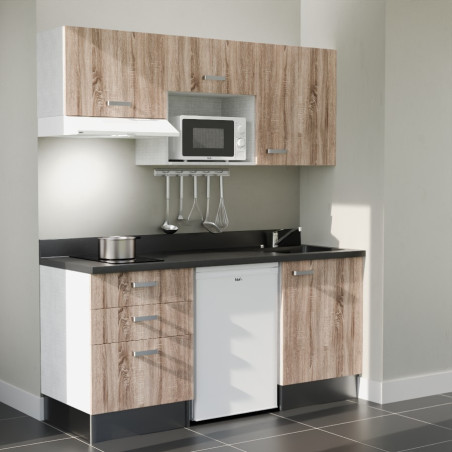 Kitchenette 180 cm K20L équipée avec électroménager blanc inclus - façades bois, plan travail noir évier à droite