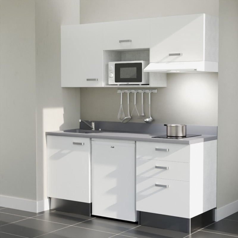 Kitchenette 180 cm K20L équipée avec électroménager blanc inclus - façades blanches, plan travail gris évier à gauche Kitchenette 180 cm K20L équipée avec électroménager blanc inclus - façades blanches, plan travail gris évier à gauche