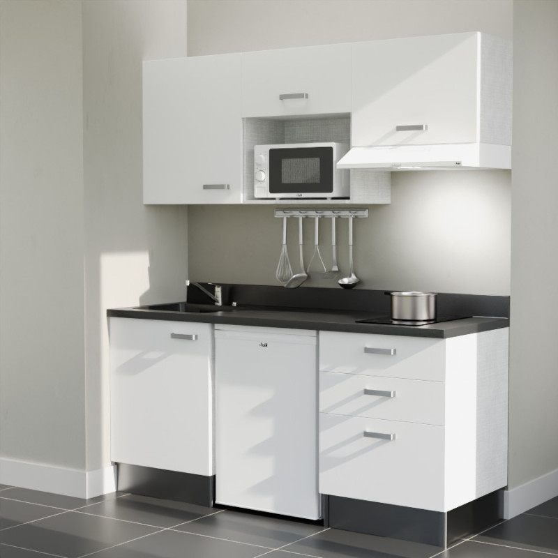 Kitchenette 180 cm K20L équipée avec électroménager blanc inclus - façades blanches, plan travail noir évier à gauche Kitchenette 180 cm K20L équipée avec électroménager blanc inclus - façades blanches, plan travail noir évier à gauche