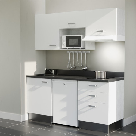 Kitchenette 180 cm K20L équipée avec électroménager blanc inclus - façades blanches, plan travail noir évier à gauche