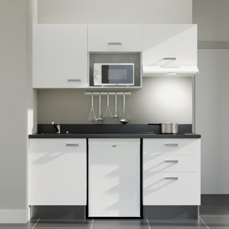Kitchenette 180 cm K20L équipée avec électroménager blanc inclus - façades blanches, plan travail noir évier à gauche