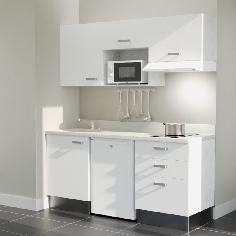 Kitchenette 180 cm K20L équipée avec électroménager blanc inclus - façades blanches, plan travail blanc évier à gauche Kitchenette 180 cm K20L équipée avec électroménager blanc inclus - façades blanches, plan travail blanc évier à gauche