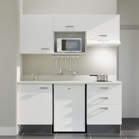 Kitchenette 180 cm K20L équipée avec électroménager blanc inclus - façades blanches, plan travail blanc évier à gauche