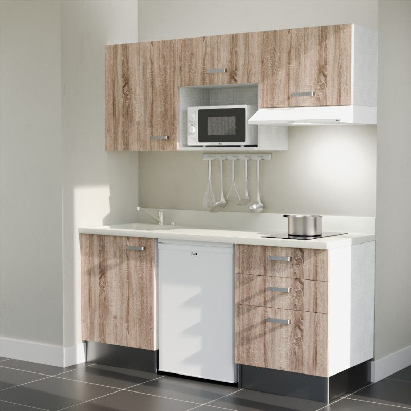 Kitchenette 180 cm K20L équipée avec électroménager blanc inclus - façades bois, plan travail blanc évier à gauche Kitchenette 180 cm K20L équipée avec électroménager blanc inclus - façades bois, plan travail blanc évier à gauche