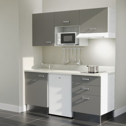 Kitchenette 180 cm K20L équipée avec électroménager blanc inclus - façades grises, plan travail blanc évier à gauche