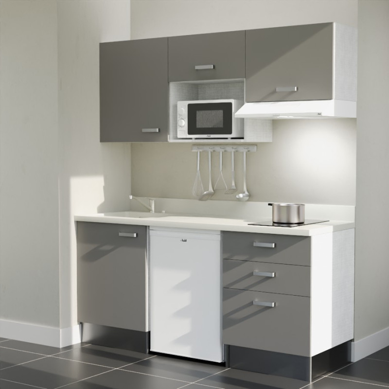 Kitchenette 180 cm K20L équipée avec électroménager blanc inclus - façades grises, plan travail blanc évier à gauche Kitchenette 180 cm K20L équipée avec électroménager blanc inclus - façades grises, plan travail blanc évier à gauche